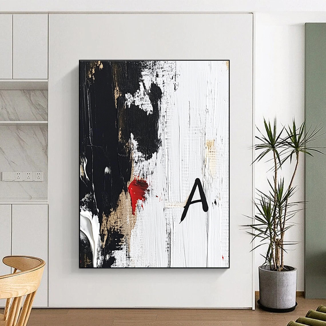 Large abstract painting in black and white with red accent showcasing thick brushstrokes and textures on a white background with signature A.STSC026
