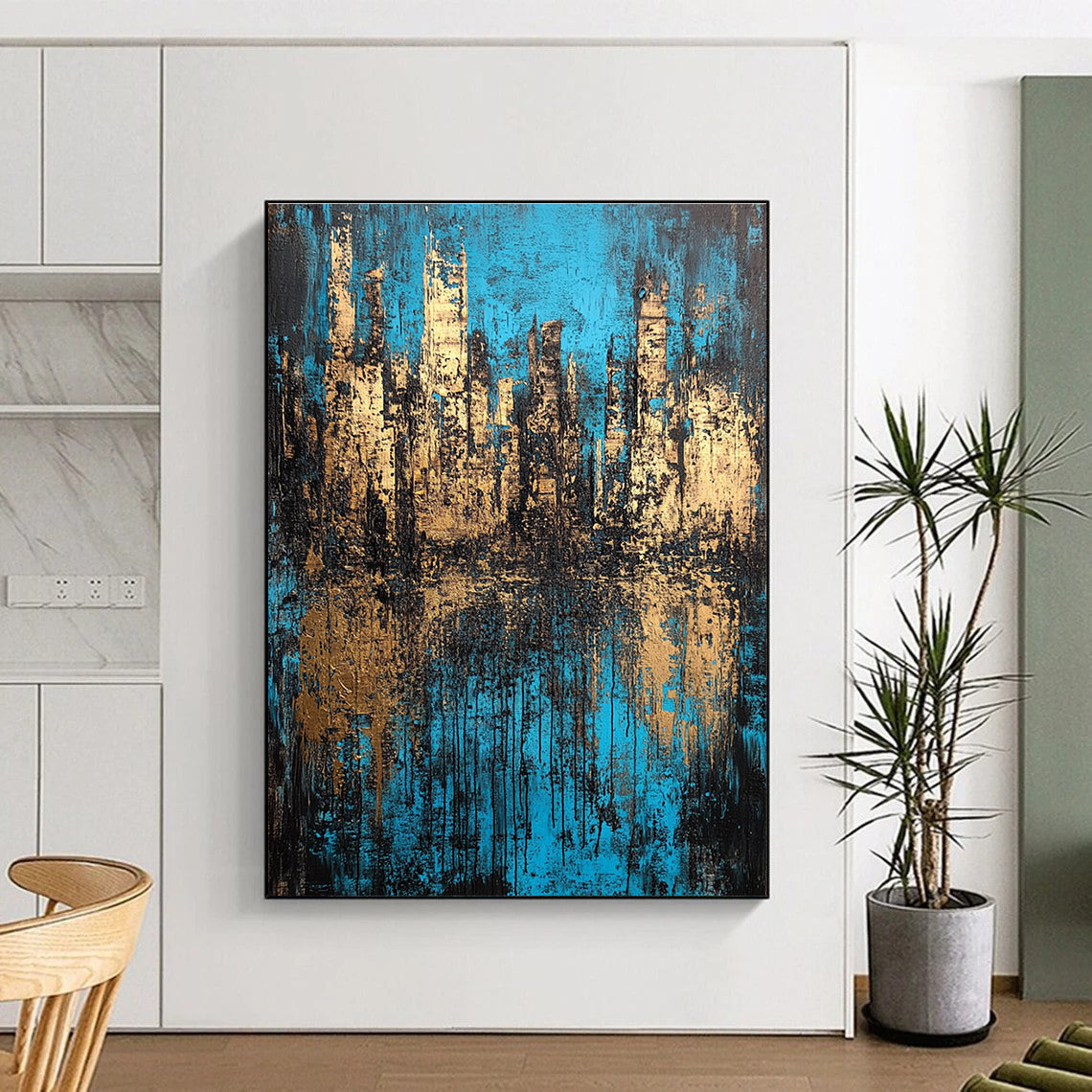 Large abstract painting of an underwater city in deep blue and brown tones with a richly textured canvas.STSC152