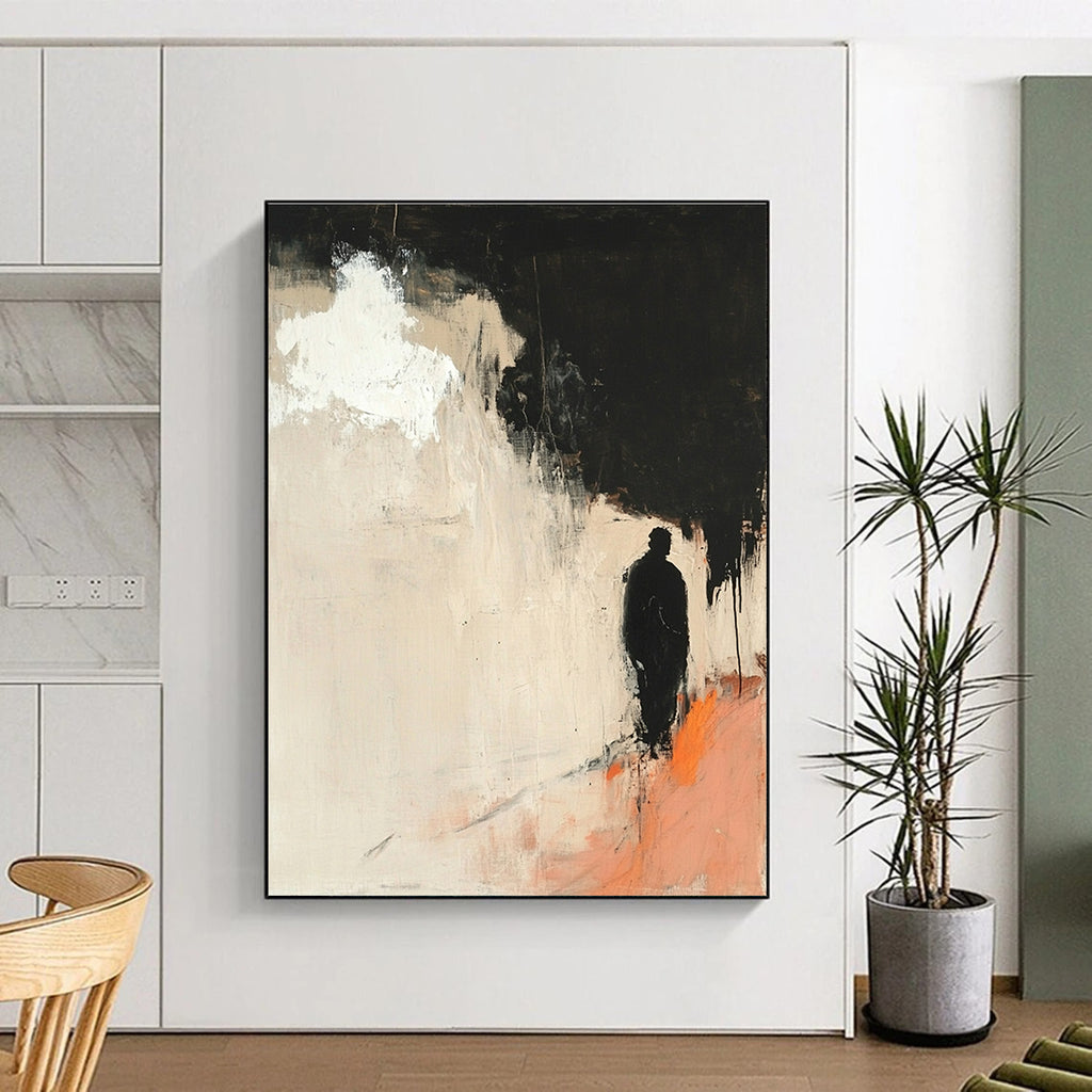 Large abstract painting with minimalist light pink and black hues features a silhouette of an old man and a white cloud with orange highlights.STSC247