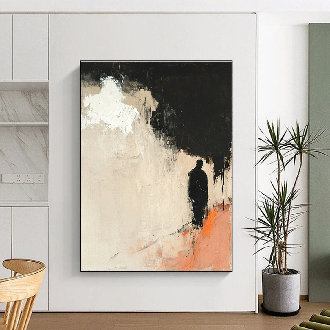 Large abstract painting with minimalist light pink and black hues features a silhouette of an old man and a white cloud with orange highlights.STSC247