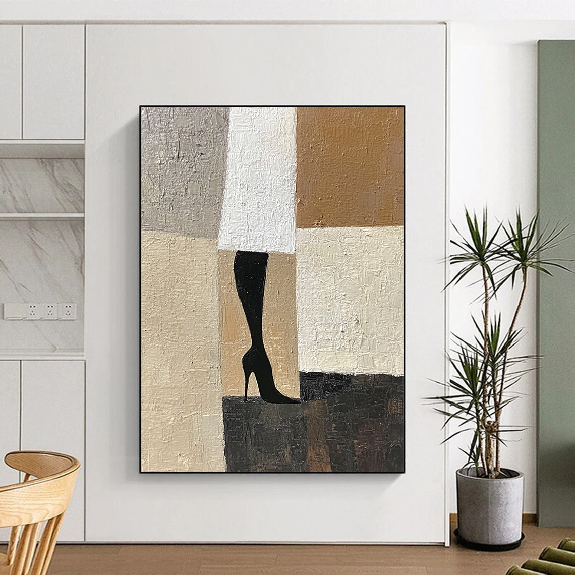 Large abstract painting featuring a woman's legs in Art Deco and Cubism style with a beige white and black palette on textured canvas.STSC1327