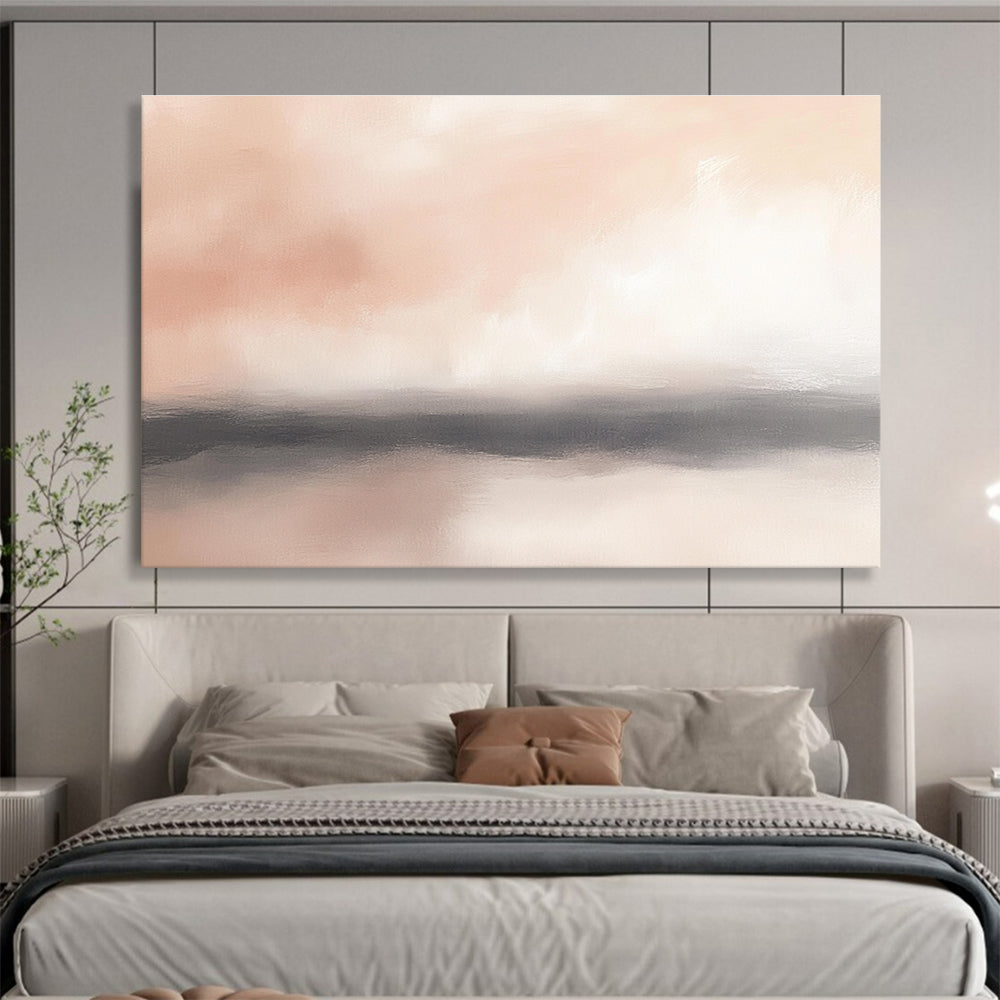 Large abstract painting of the horizon featuring soft pinks whites and hints of gray with blurry clouds for a serene atmosphere.SC360
