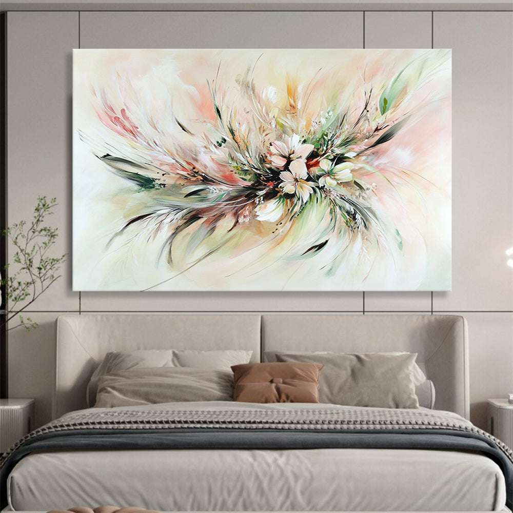 A large abstract painting featuring soft pastel floral arrangements with feathers and leaves, showcasing swirling patterns and expressive brushstrokes for depth and emotion.SC555