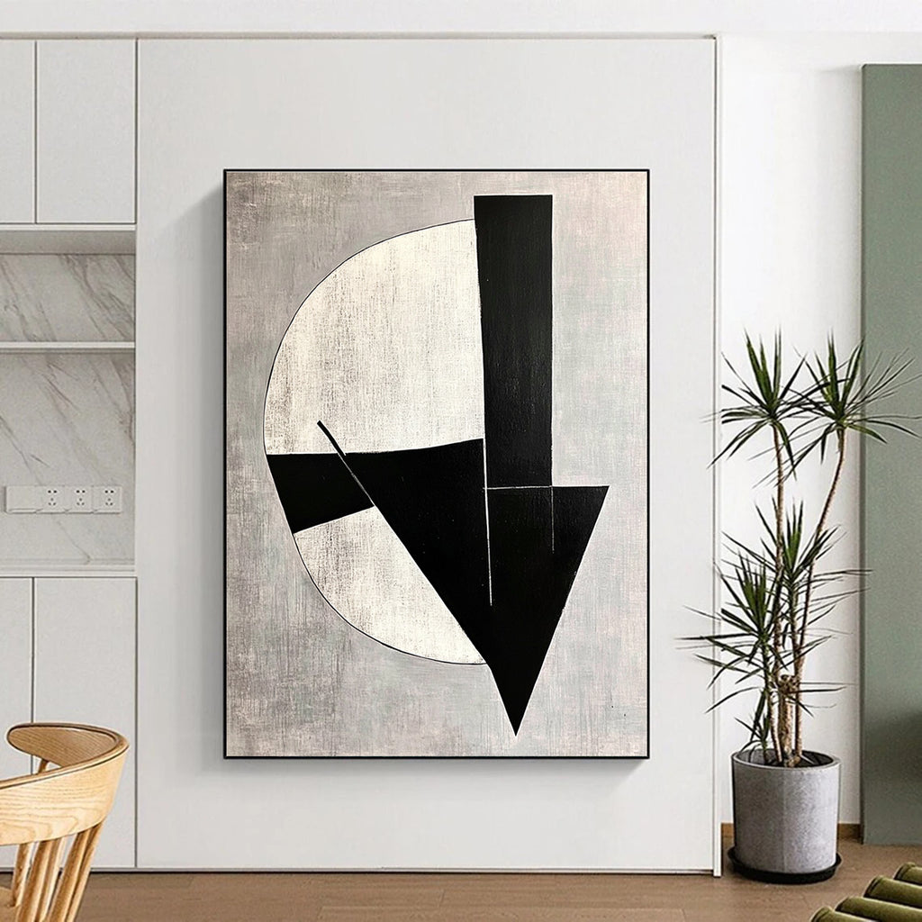 Large abstract painting with black and white shapes on a gray background featuring modernist simplicity and deconstructed minimalism with subtle tonal values.STSC1112