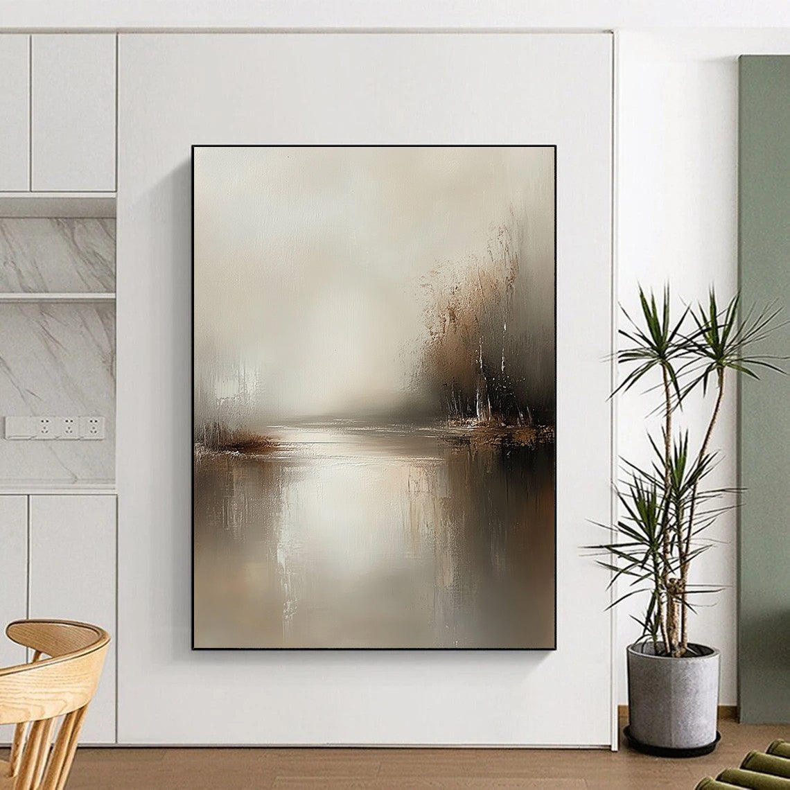 Large abstract painting in muted tones of beige and grey featuring tranquil waters and soft brush strokes for a serene atmosphere.STSC077