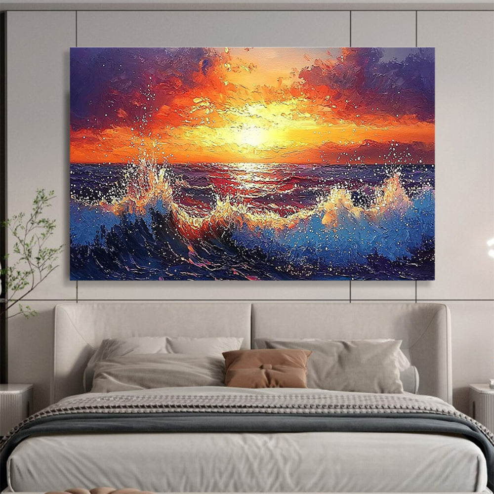 Sunset Sea Abstract Painting with Orange, Red, and Blue Tones THY165