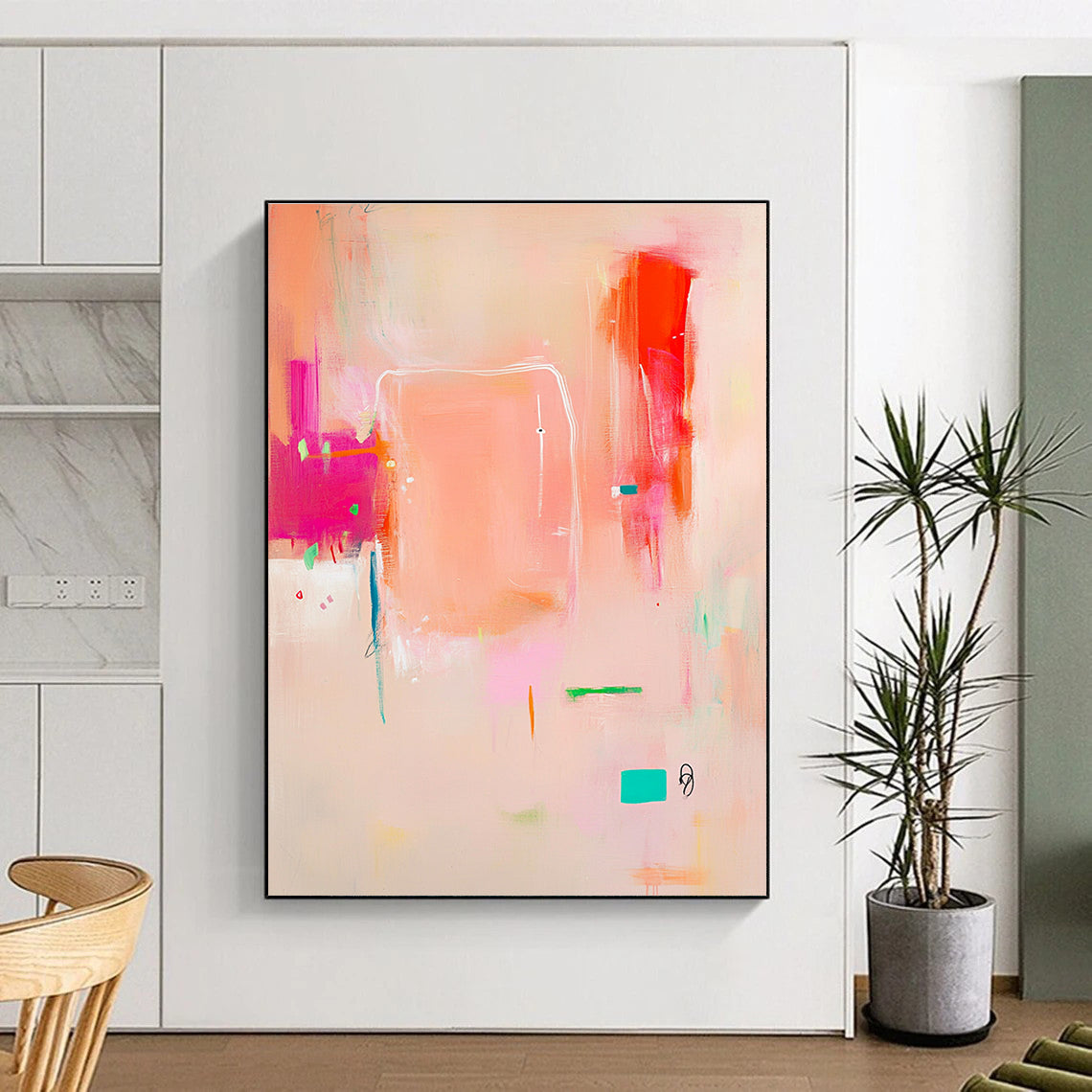 Abstract painting in pink white and orange with soft lines on beige featuring joyful elements a colorful central square and an empty text space.STSC689