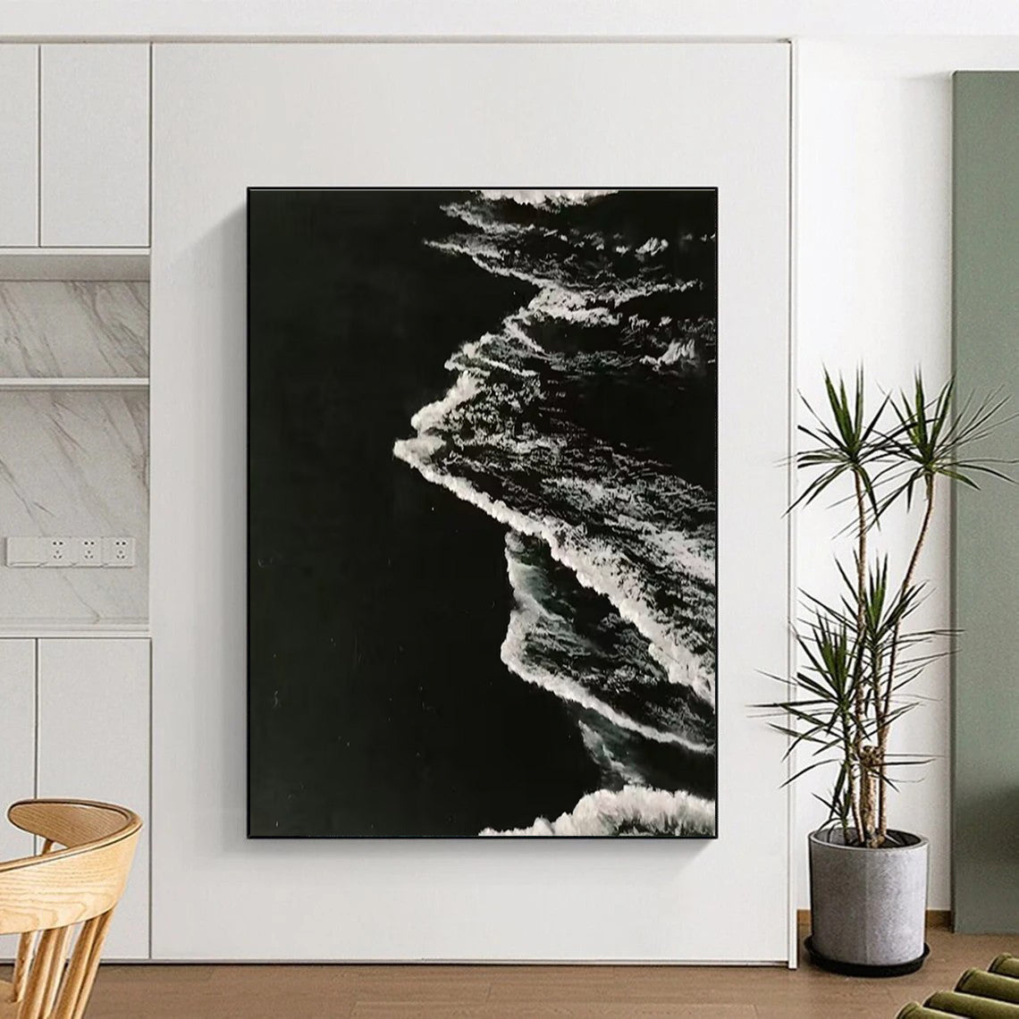 Black and White Textured Wave Abstract Painting ADGE349