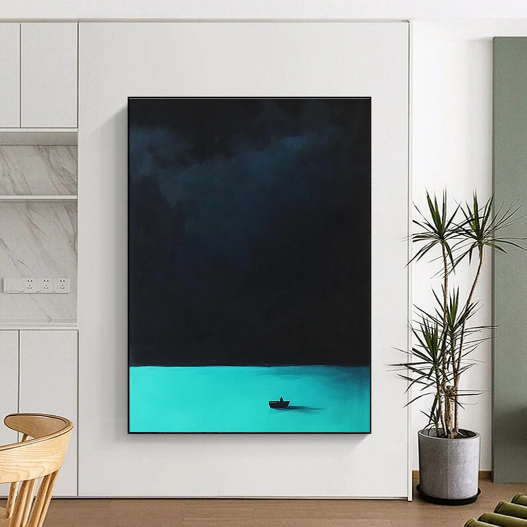 Abstract painting featuring a tranquil turquoise sea and a mysterious dark sky with blurred figures and underwater creatures creating an enchanting atmosphere.STSC1303