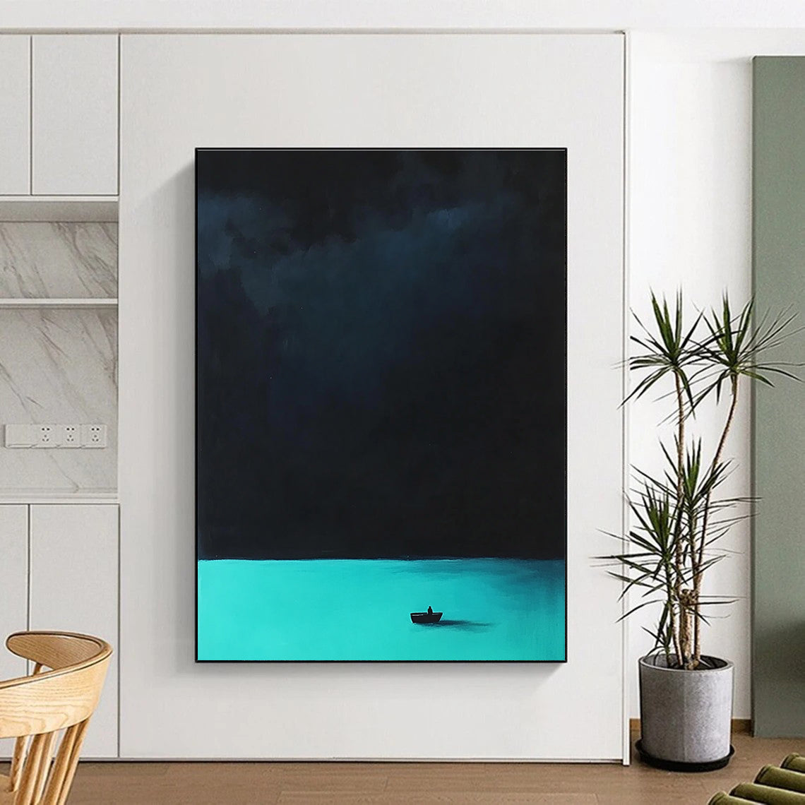 Abstract painting featuring a tranquil turquoise sea and a mysterious dark sky with blurred figures and underwater creatures creating an enchanting atmosphere.STSC1303