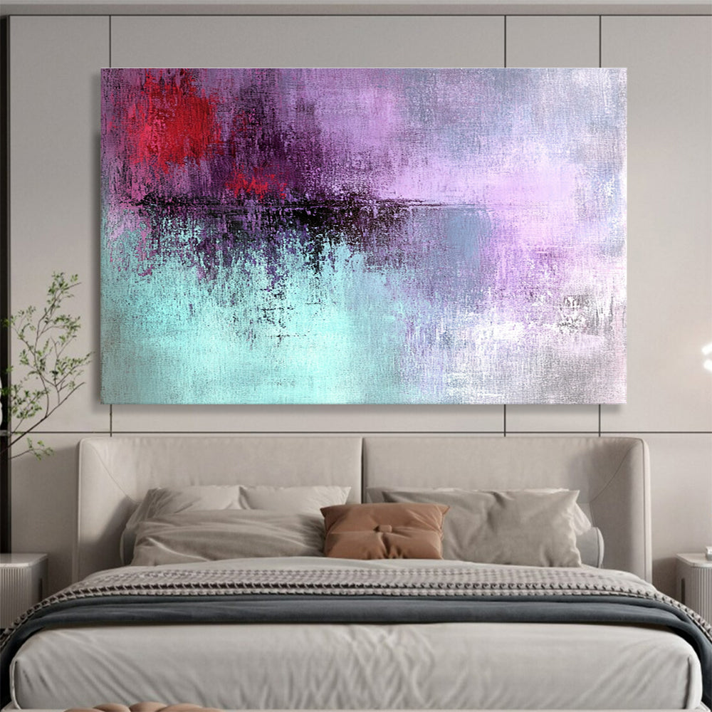 Large abstract painting with grunge texture in light purple and teal featuring dark red details for an emotional expression.SC221