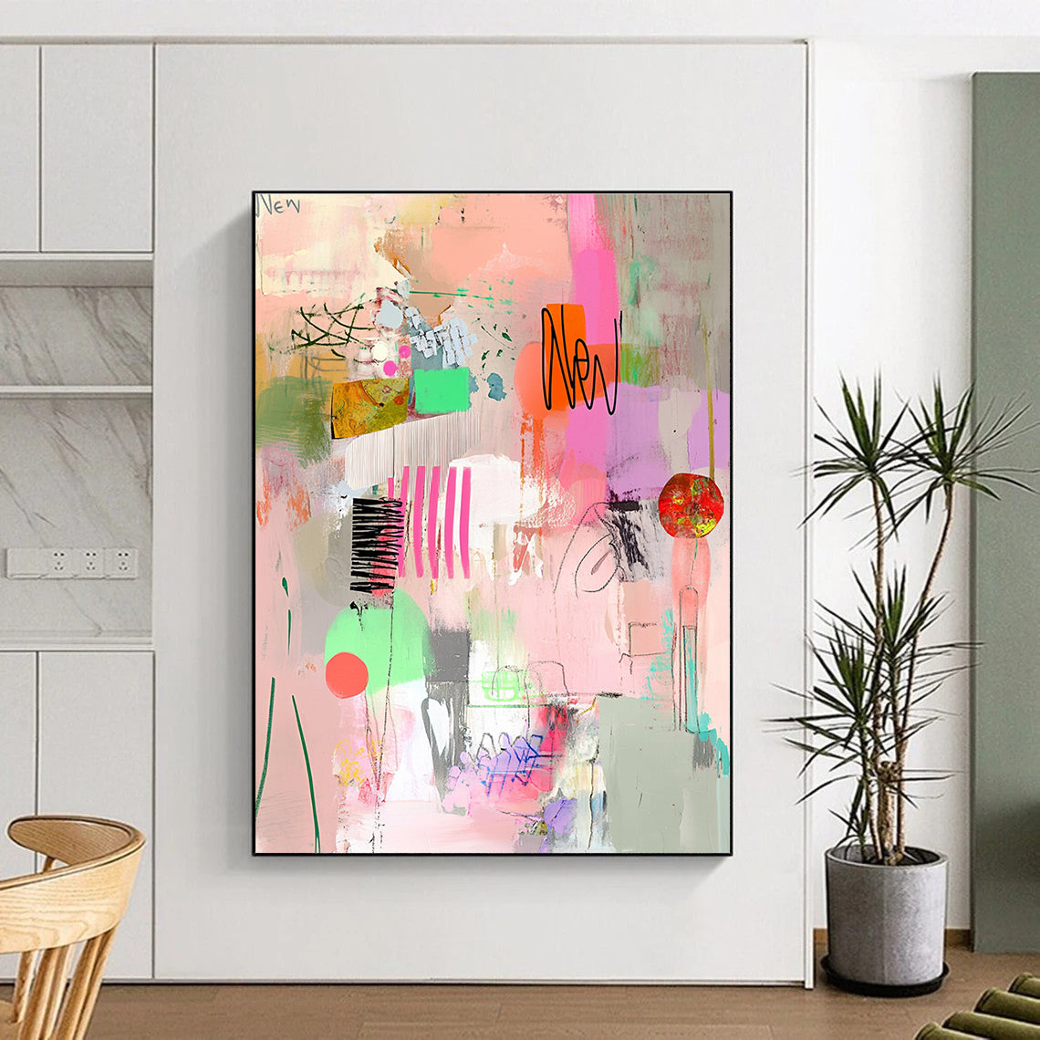 A large abstract painting featuring pink and green tones collage elements and visible brush strokes conveying a whimsical feminine sensibility.STSC649