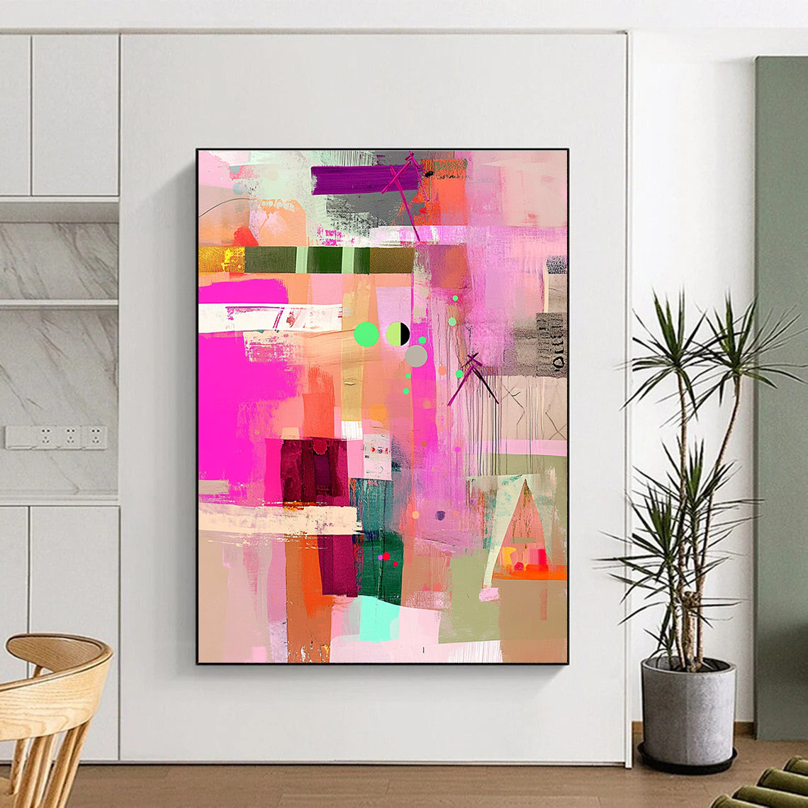 Large abstract painting featuring pink green and beige with playful textures patterns and a whimsical vintage style.STSC786