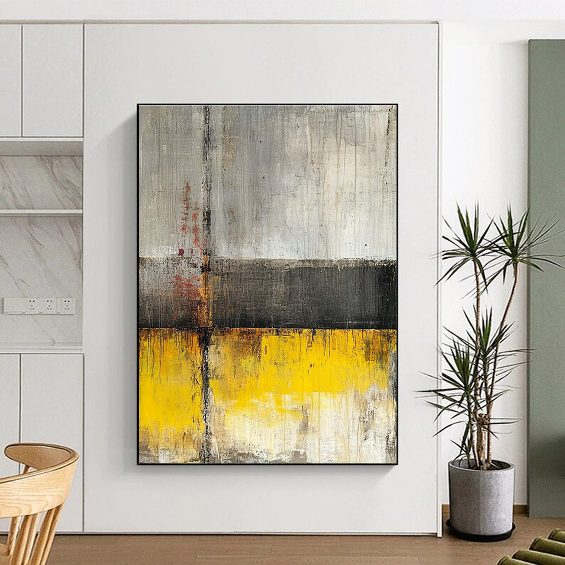 Gray Yellow and Red Abstract Painting with Industrial Vibes GER422