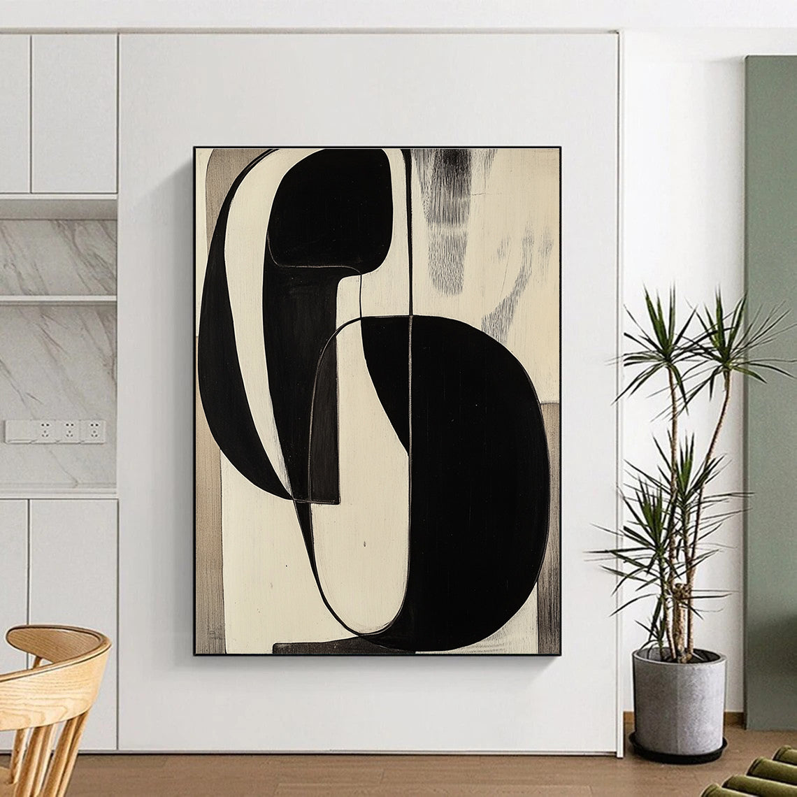 Large abstract painting reminiscent of Jean Arp featuring black and white shapes on a wood panel for a striking visual impact.STSC472