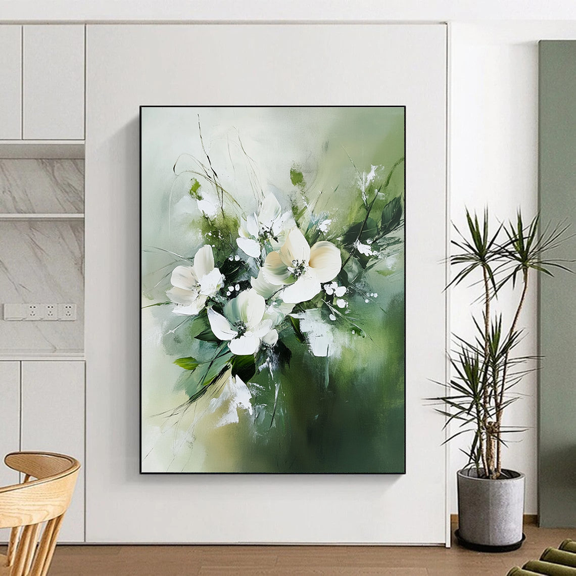 Large abstract painting featuring white flowers and green leaves in neutral tones against a soft green blurry background.STSC365