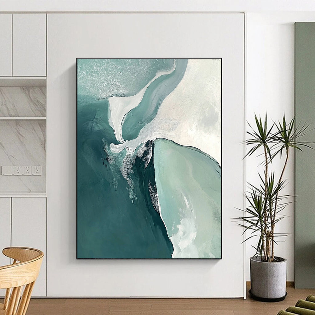 Large abstract painting featuring turquoise sea and white sand beach with soft edges and minimalist composition evoking peace and serenity.STSC534