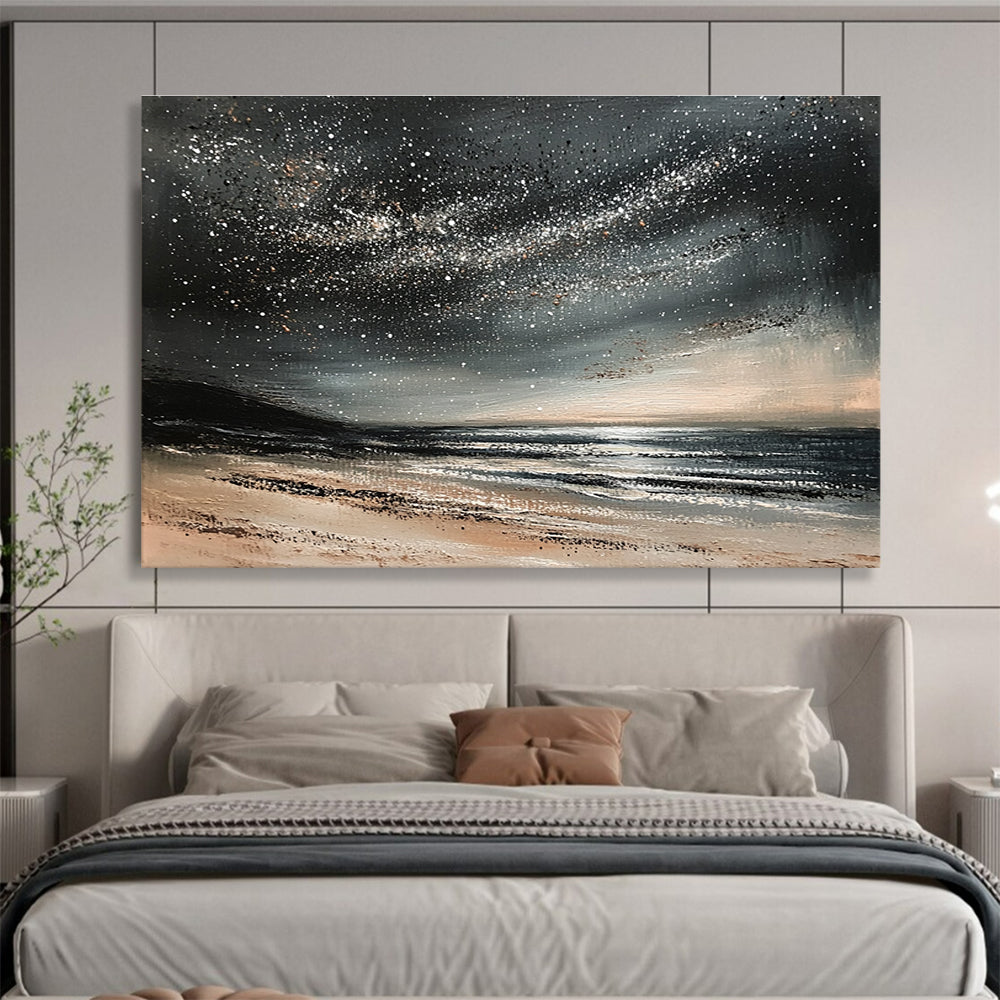 A large abstract painting depicting a calm ocean under a starry night sky with gentle waves and muted gray and black tones.SC528