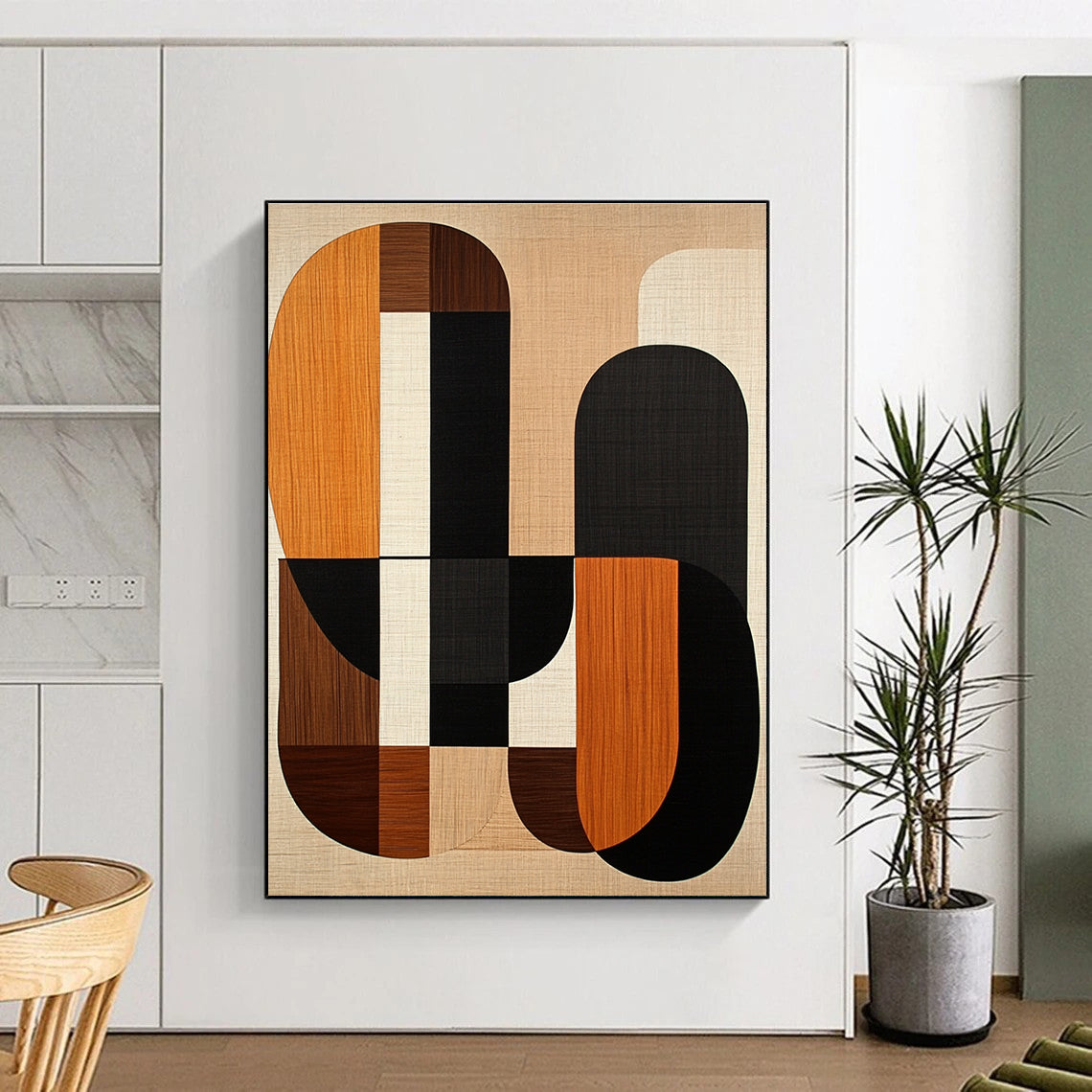 Large abstract artwork featuring mid-century modern shapes in earth tones with wood grain and black lines on a beige background.STSC1319