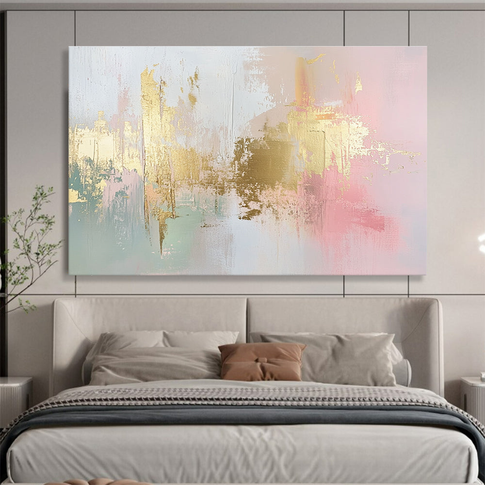 Large abstract painting in soft pink, white, and gold with hints of light green and neutral tones, featuring dynamic brush strokes and a modern art style.SC283