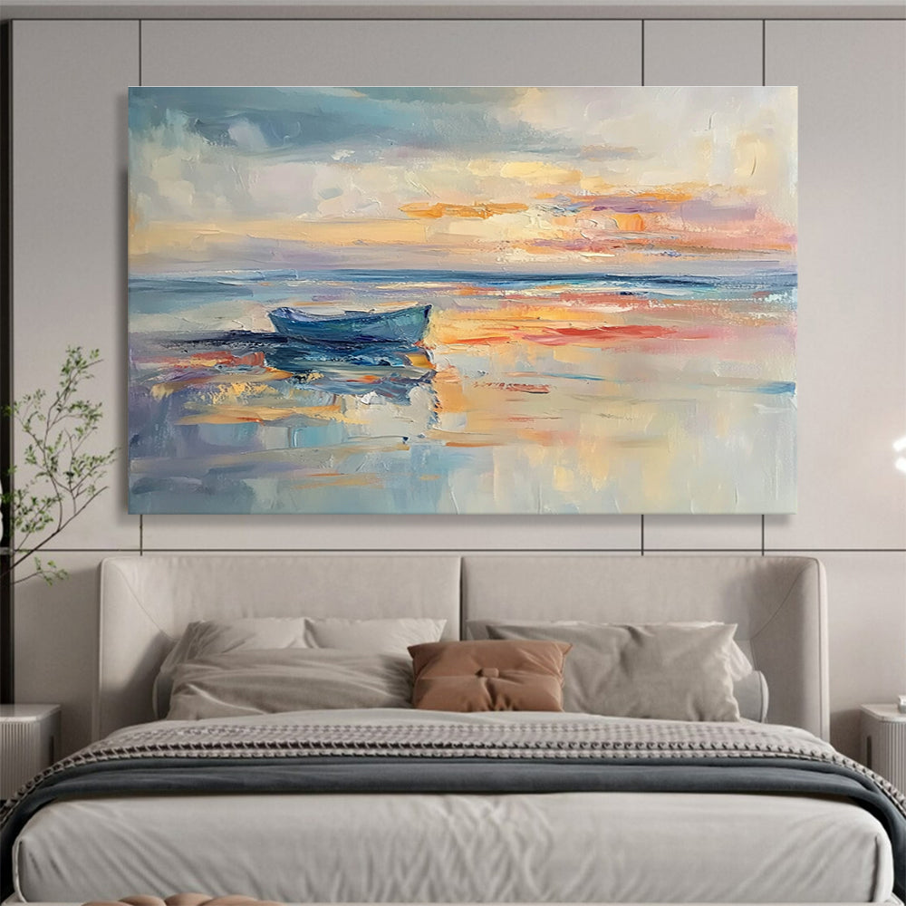 Large abstract painting of the sea featuring calming sunset colors on the horizon perfect for enhancing any space.SC133