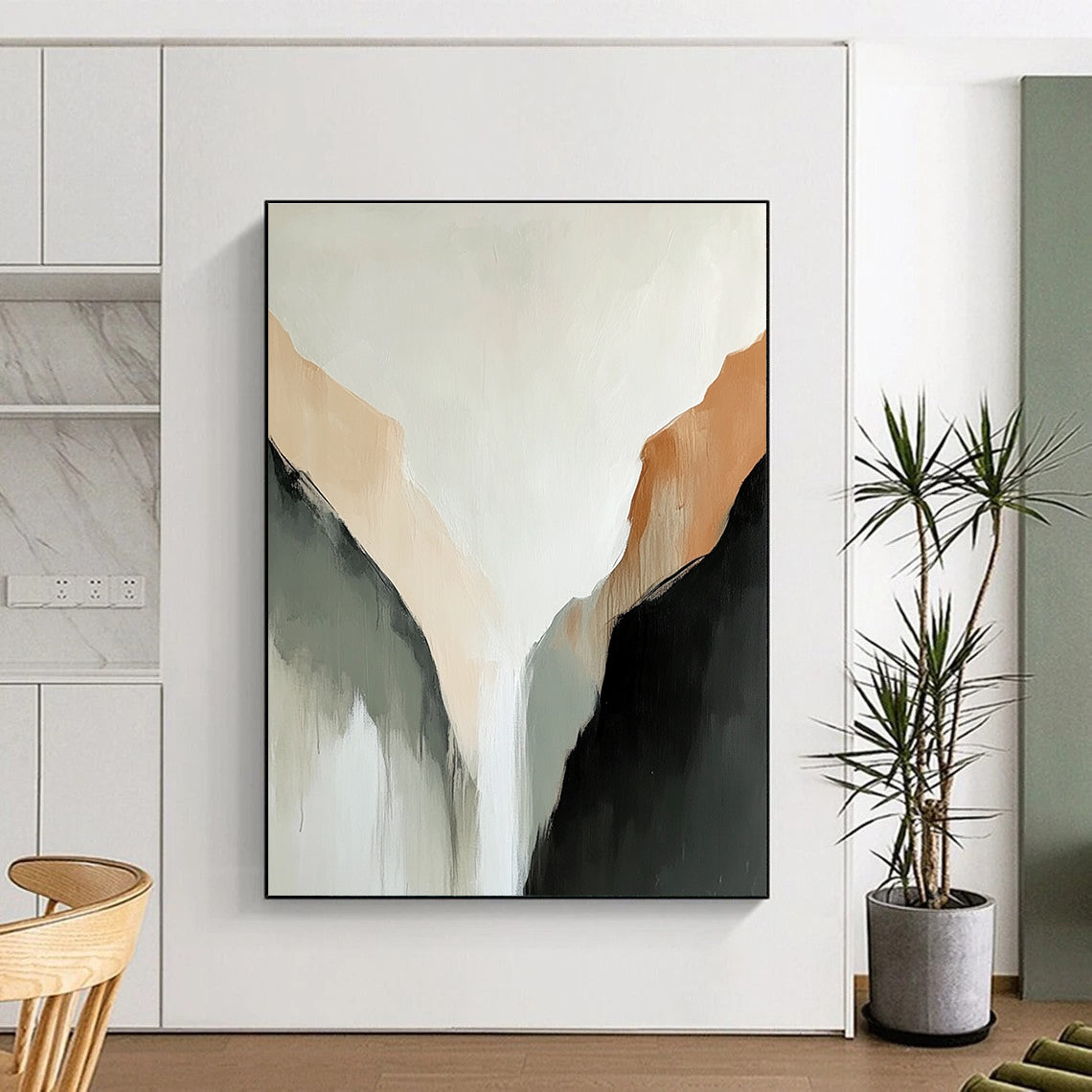 Large abstract painting of a tranquil mountain range in muted beige and black tones against a serene white background.STSC652