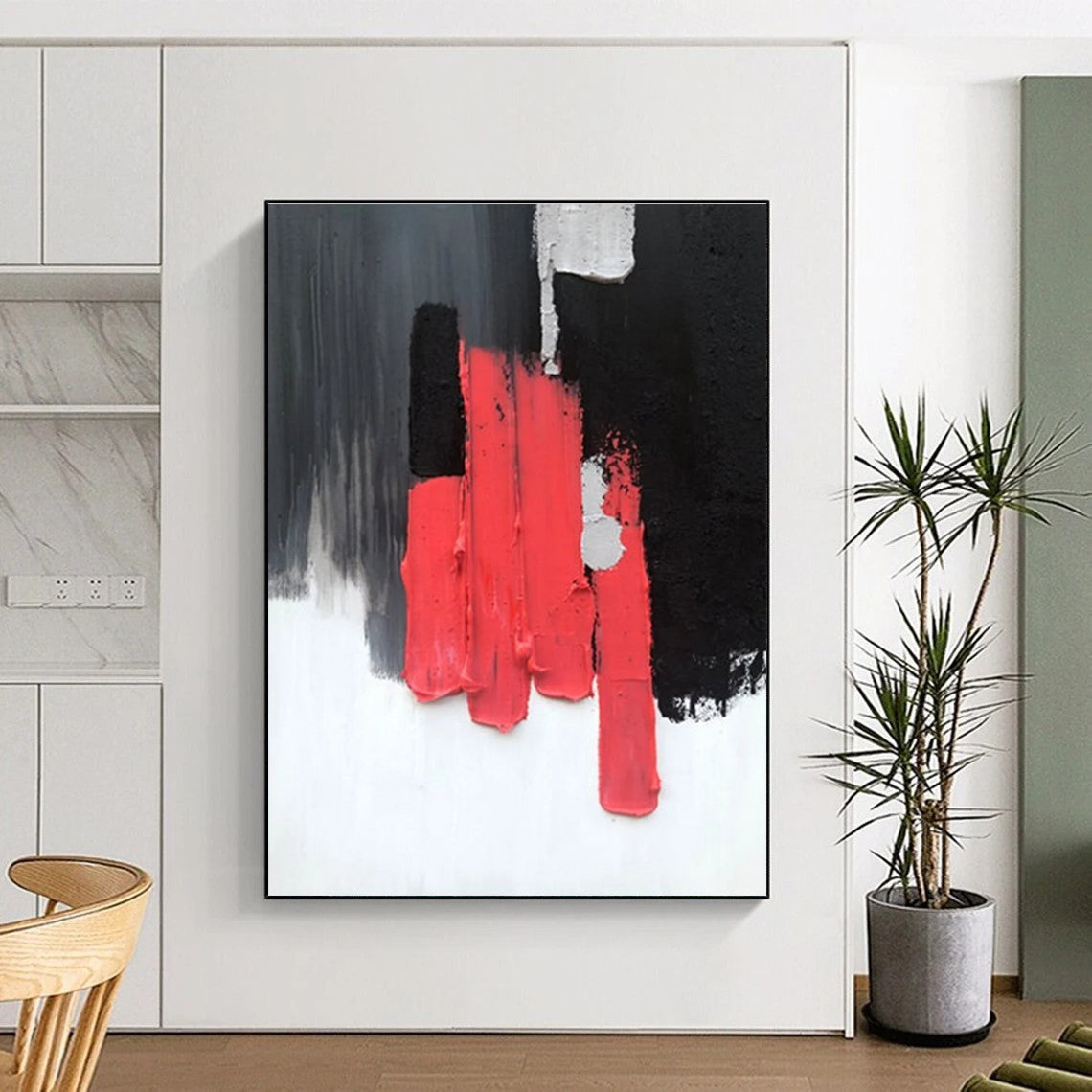Red, Black, and Gray Textured Abstract Painting with Vertical Forms ADGE394