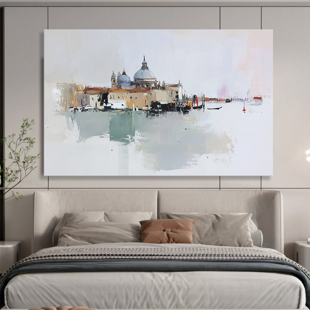 Large abstract oil painting of Venice featuring beige buildings and a small red dome against a light gray and pale pink background.SC126