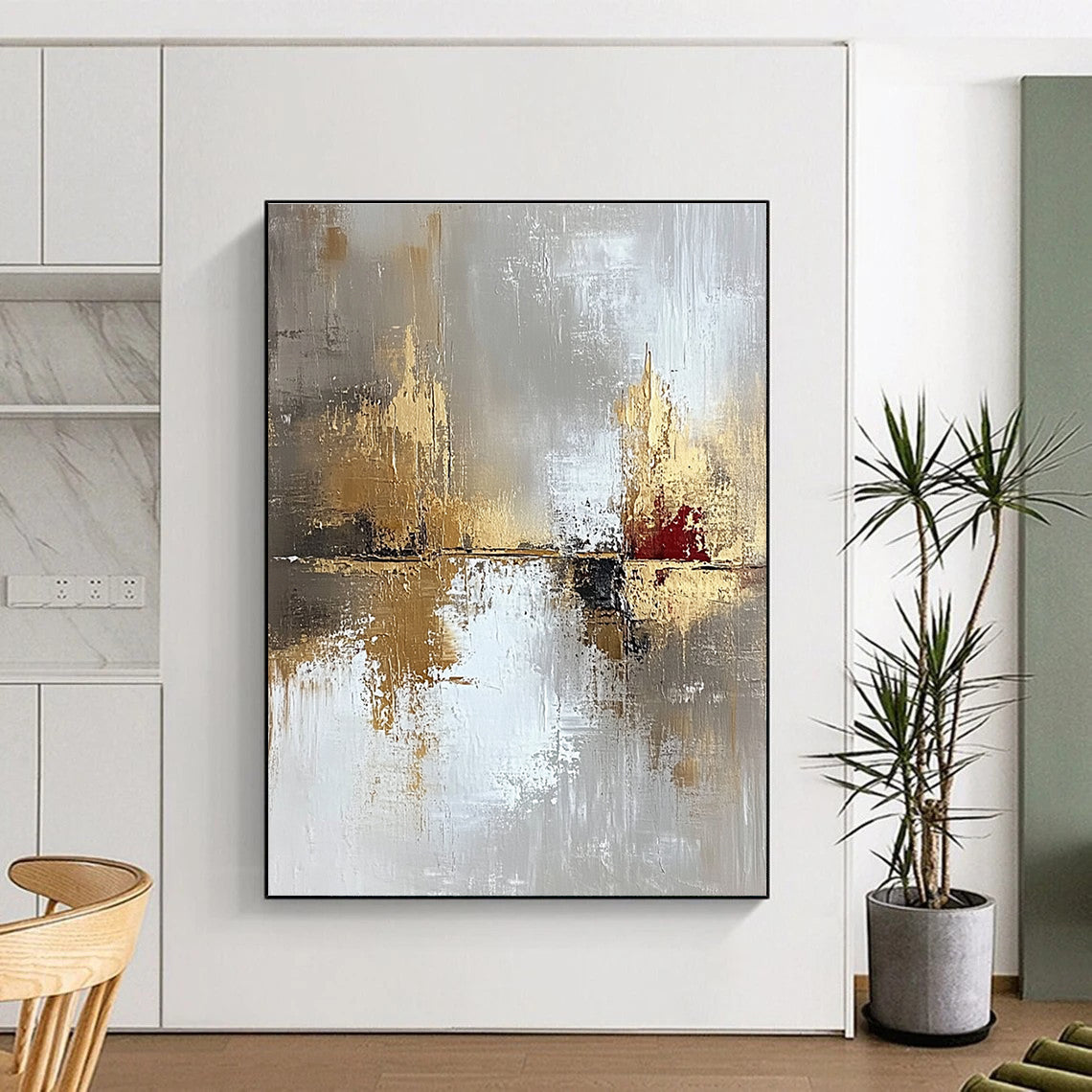 Large abstract painting in light gray and gold with oil brush effect featuring layers of texture and subtle red accents for visual impact.STSC402