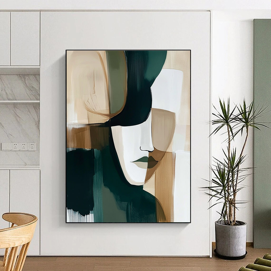 Abstract painting in dark green beige and white tones perfect for modern decor adding elegance and intrigue to any space.STSC749