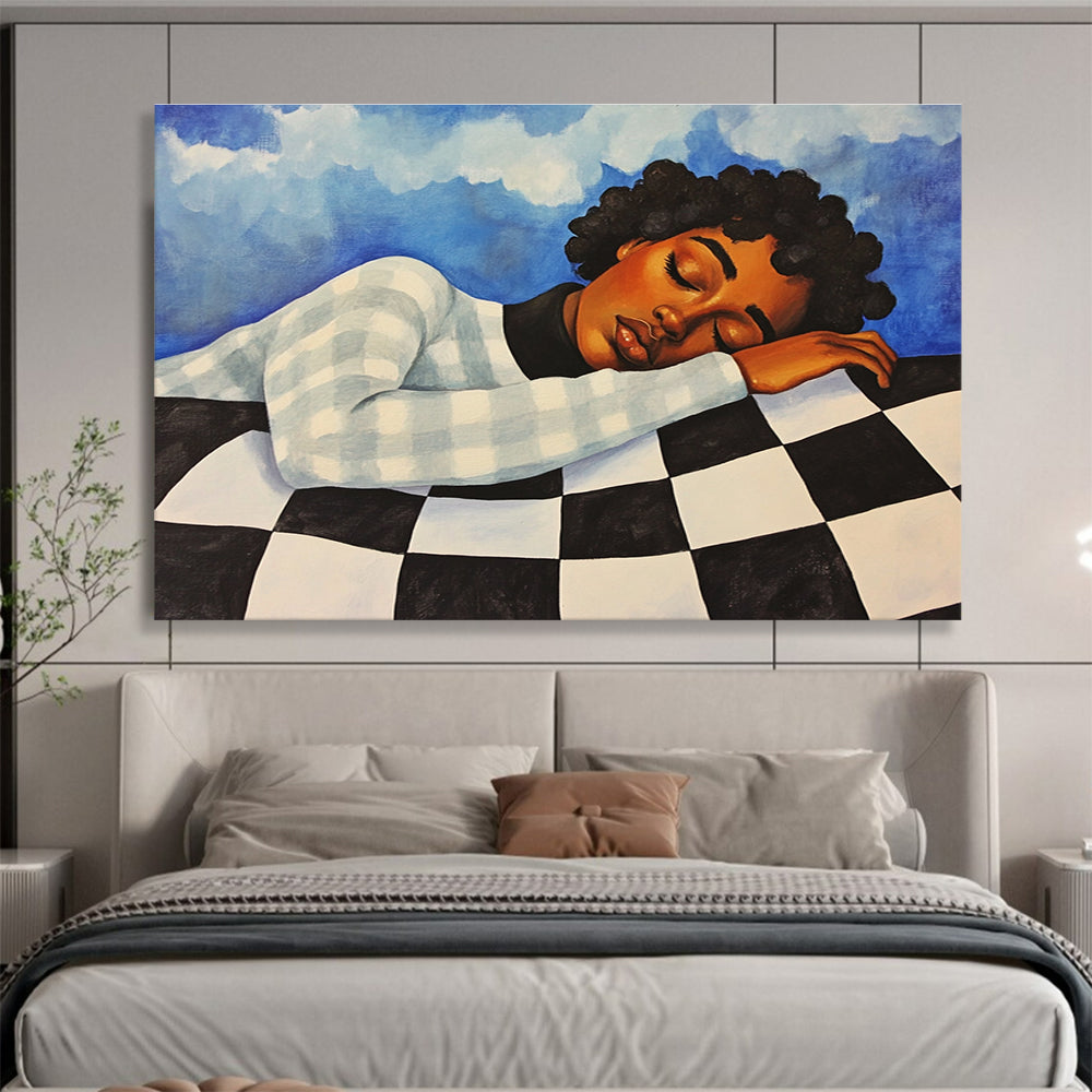 An abstract painting featuring an African American woman in a checkered sweater, resting against a blue sky with clouds, evoking a vintage 1970s style.SC402