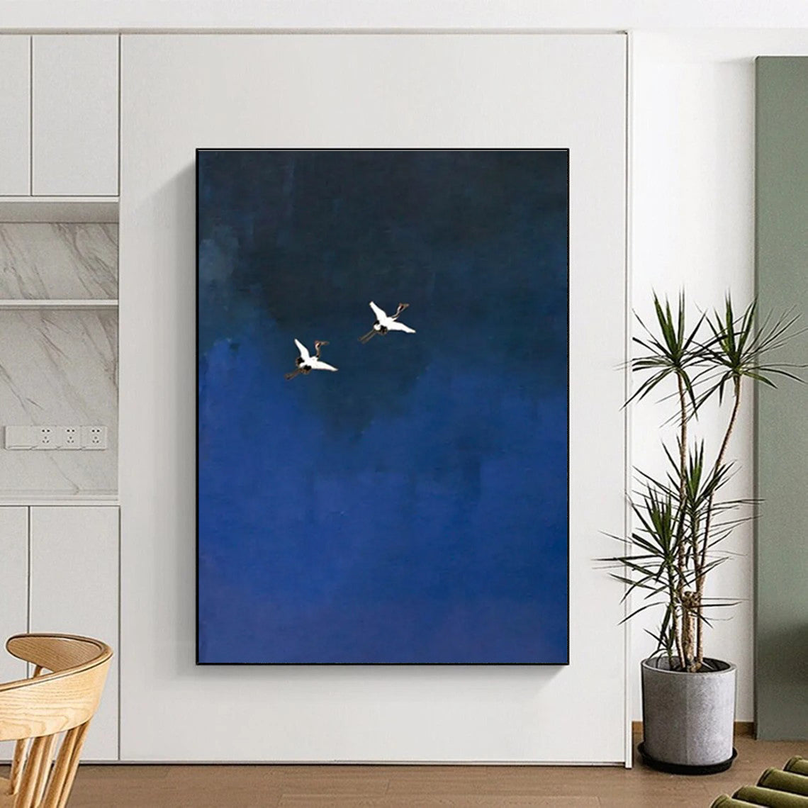 Cranes in Blue Sky Abstract Painting with Minimalist Charm ADGE481