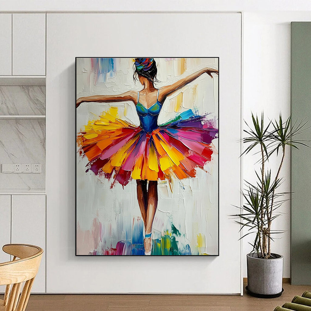 Large abstract painting of a ballerina in a colorful tutu with vibrant brush strokes and palette knife techniques against a white background.STSC156