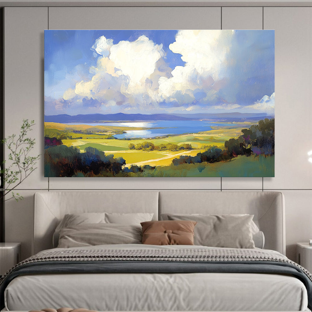 Large abstract painting capturing clouds over the bay area inspired by Gerhartz Sargent and Stats with vibrant colors and dynamic brushwork.SC584