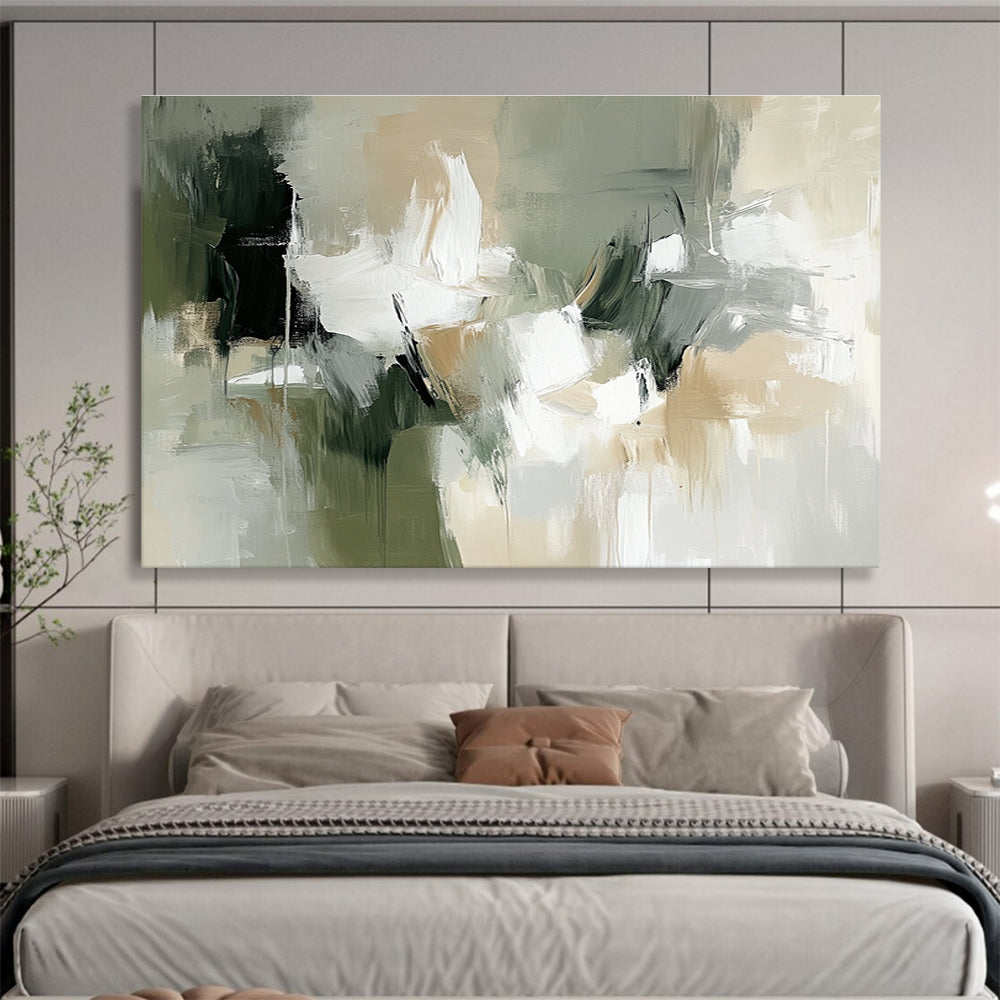 Large abstract painting in white, beige, and green with organic brush strokes and shapes, evoking a naturalistic style.SC219