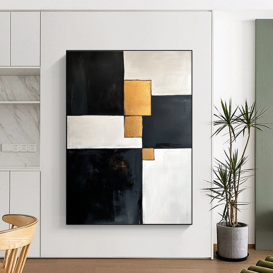 Black White and Gold Abstract Painting with Geometric Gold Accents GER667
