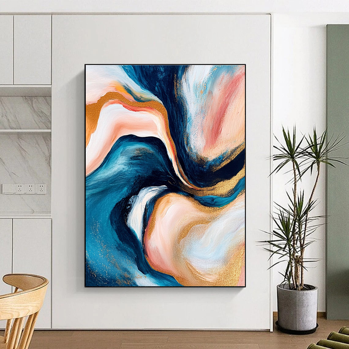 Blue Pink Gold Abstract Painting with Swirling Patterns GER782