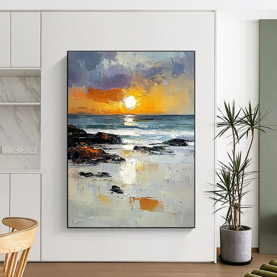 Abstract painting capturing the Irish coast with vibrant orange sunset rocks and reflective water showcasing textured brushstrokes in a bright sky.STSC882