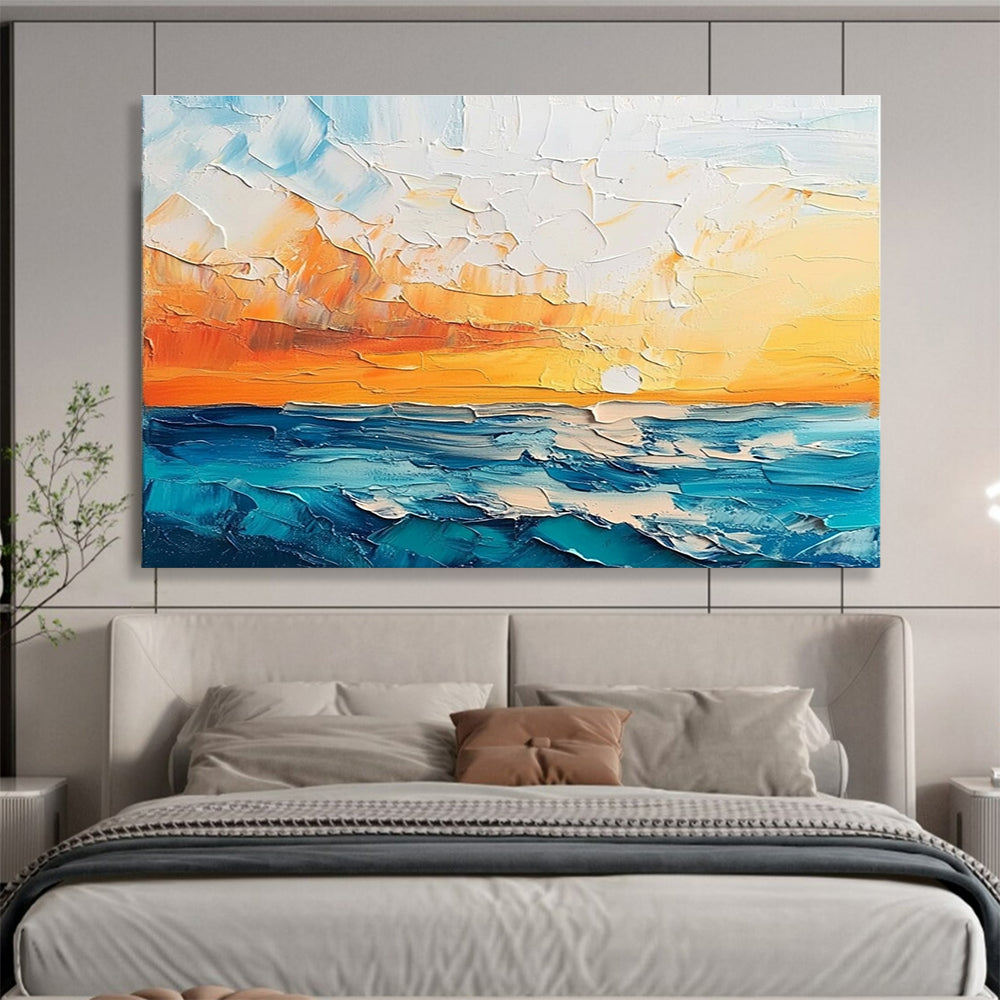 Large abstract painting featuring a textured sunset over the sea and sky in orange blue white and teal shades.SC132