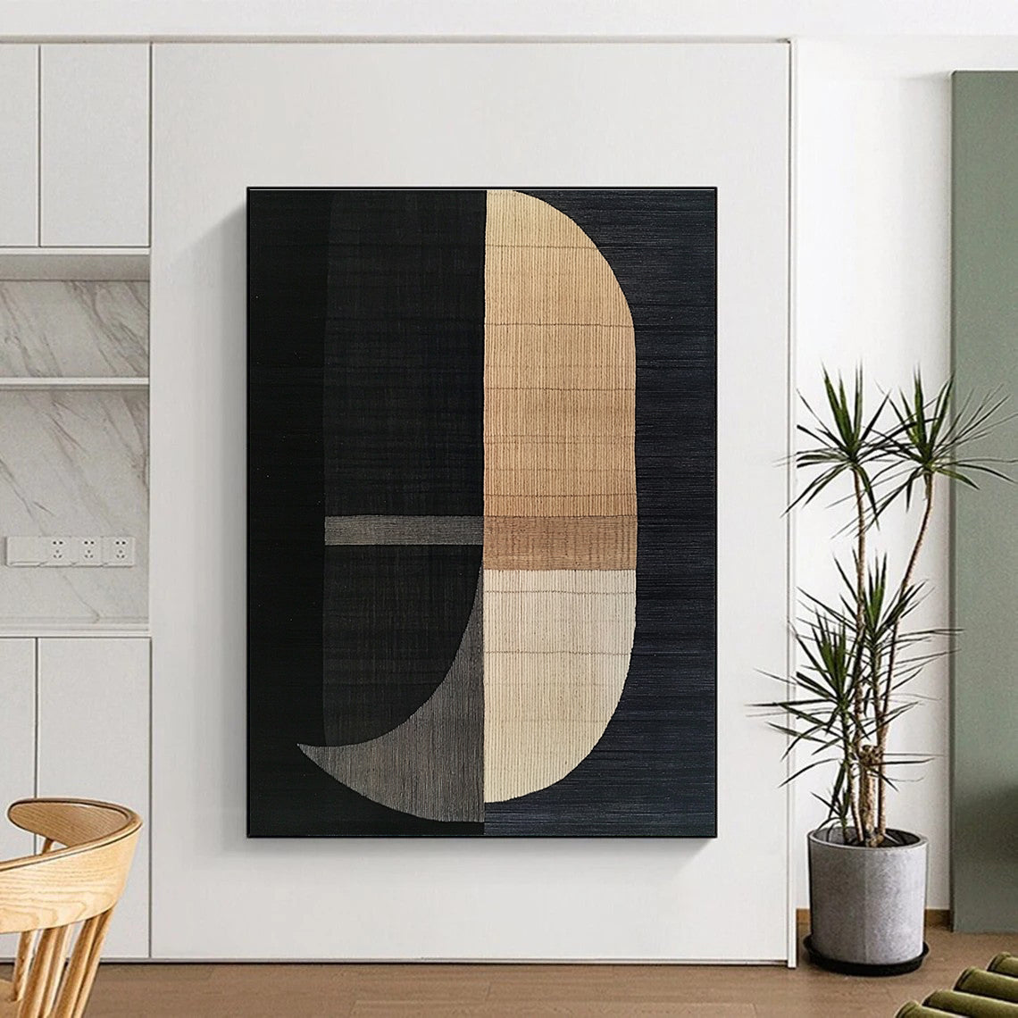 Black and Beige Geometric Abstract Painting with Textured Shapes GER180