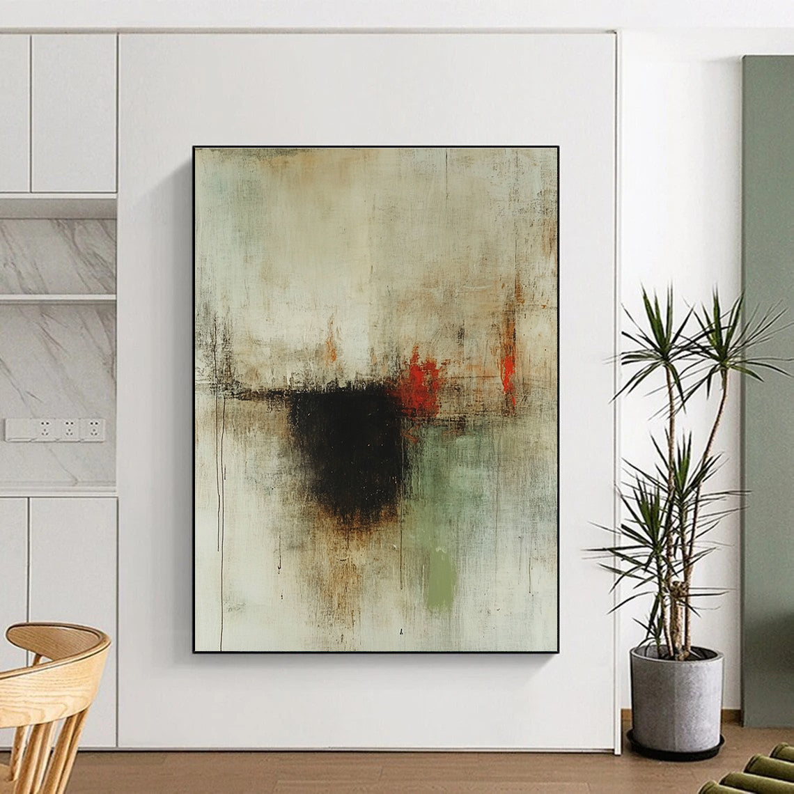 Large abstract painting with faded neutral tones and subtle red accents featuring a central dark brown spot and hints of green and earthy colors.STSC610