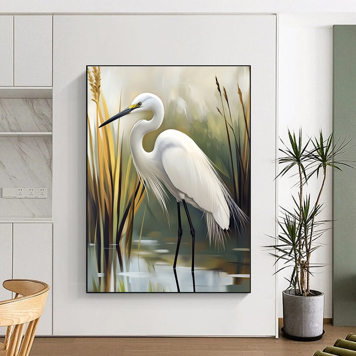 Abstract painting of an egret in a serene marsh setting featuring soft feather textures and tranquil green and gray hues.STSC1293