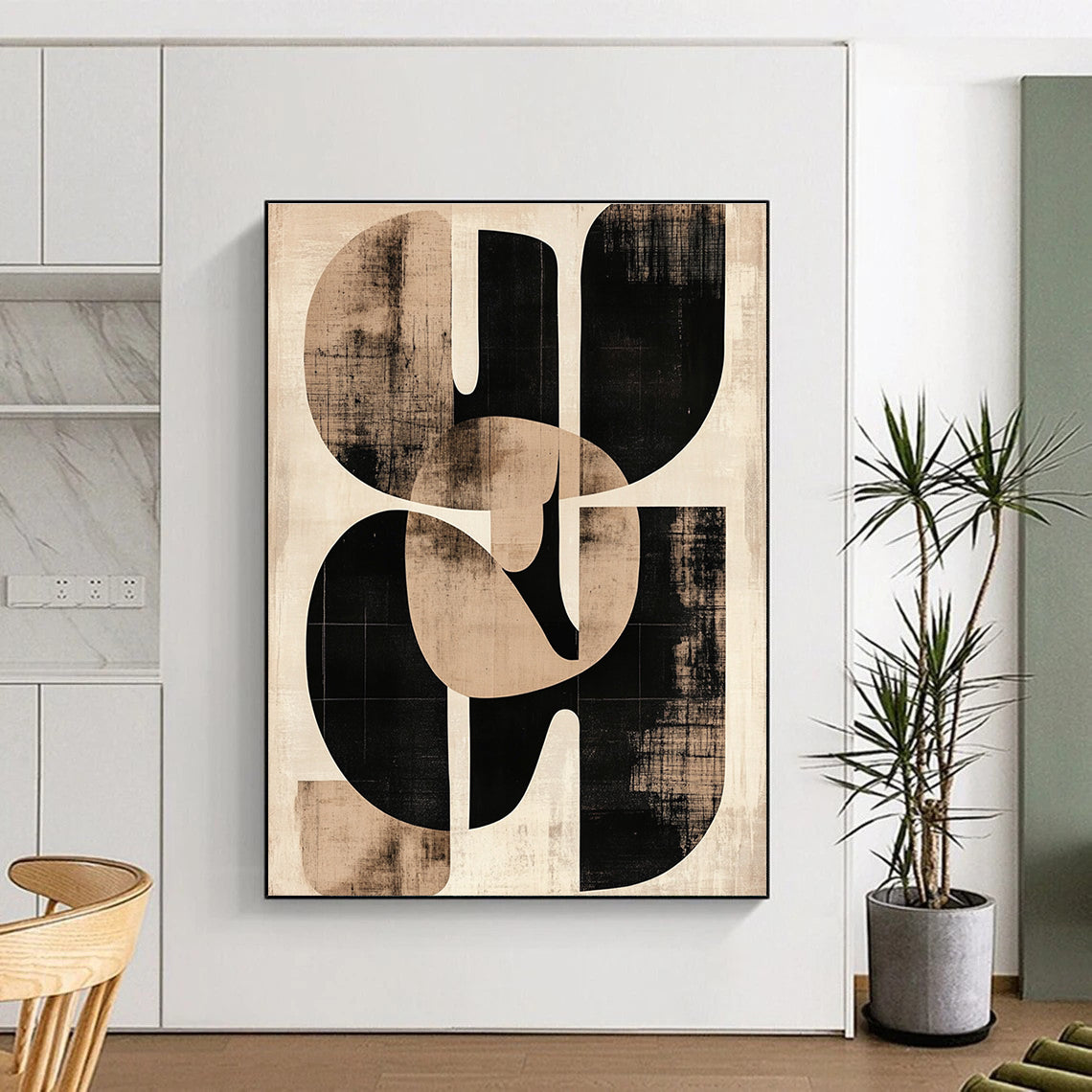 Large abstract artwork featuring beige and black shapes inspired by Paul Klee with sepia tones printed on aged paper showcasing the initials SG.STSC469