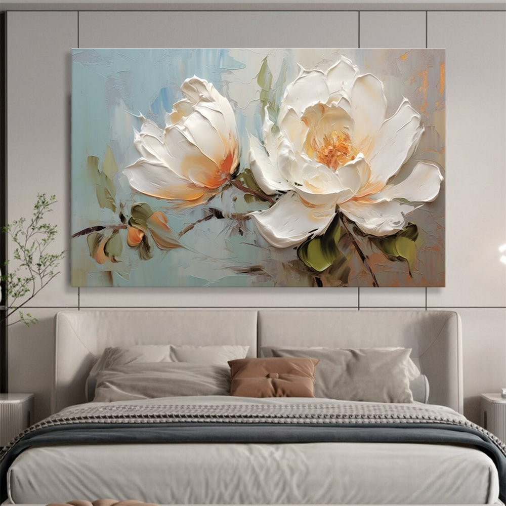 White Peony Textured Abstract Painting with White, Orange, and Green Tones THY174