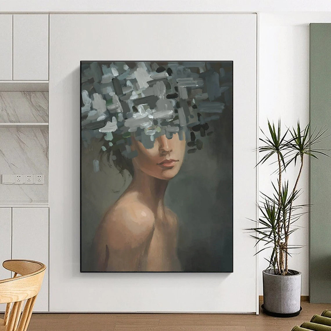 Gray and White Floral Head Woman Abstract Painting ADGE328