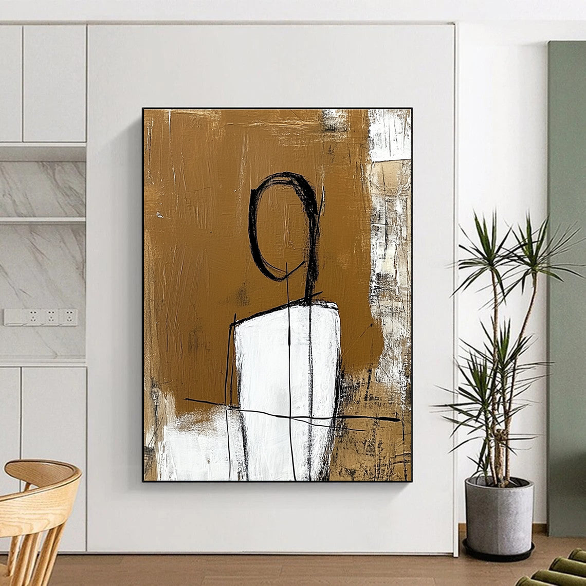 Large abstract painting with a white figure outlined in thick black lines set against an amber brown textured background.STSC050
