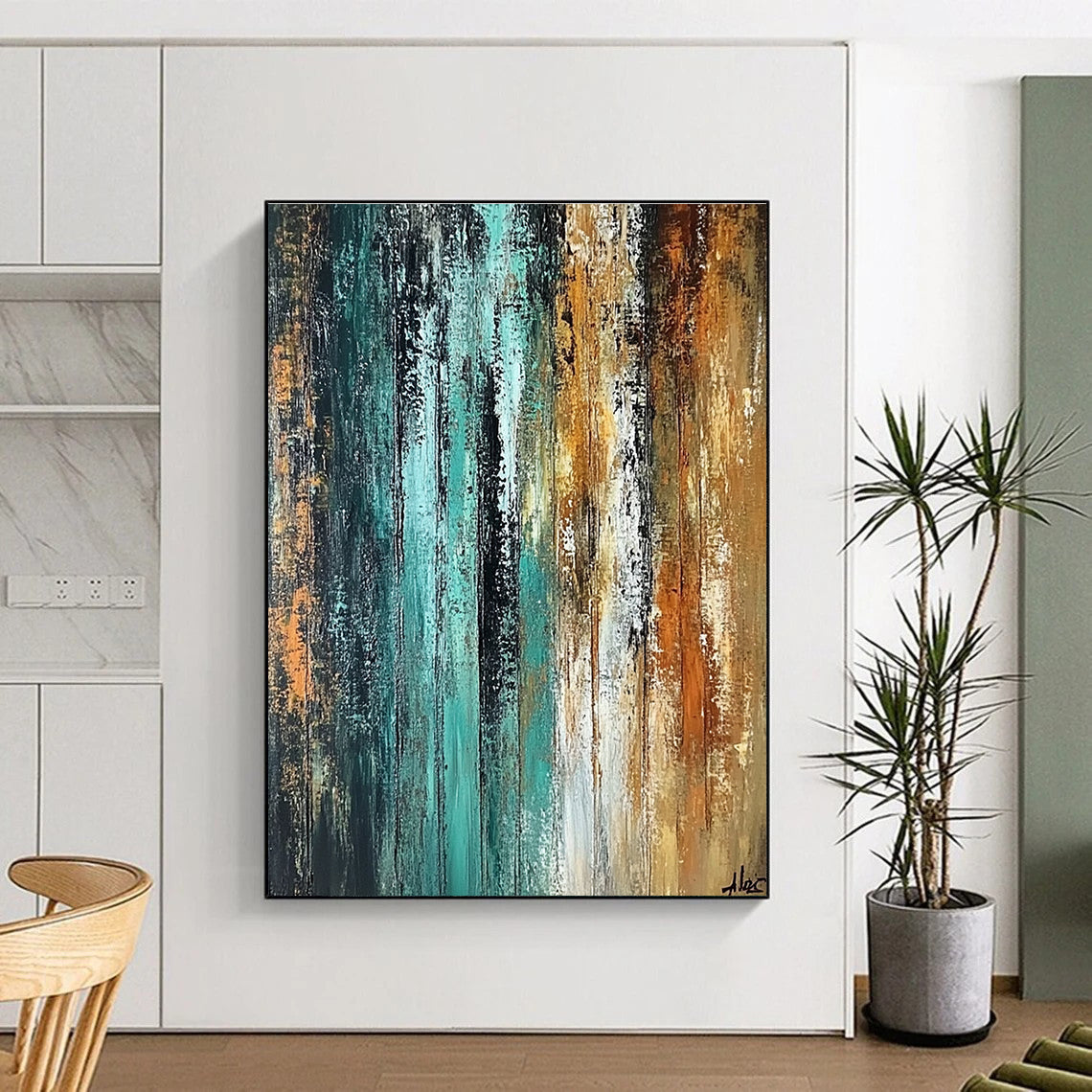 Teal and Brown Abstract Painting with Vertical Strokes GER485