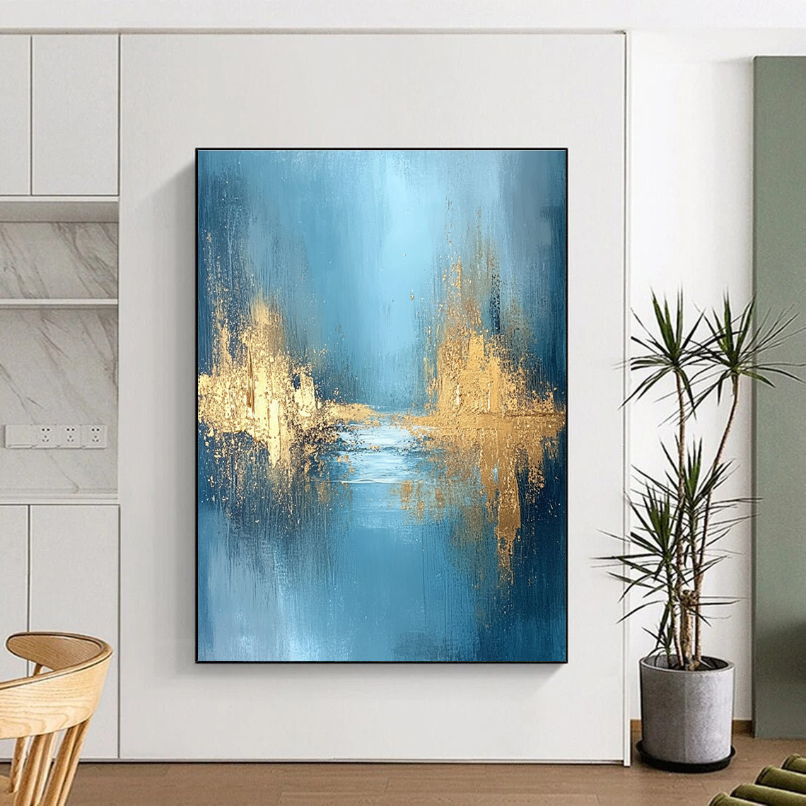 Large abstract painting featuring textured golden water and a misty morning atmosphere with blue grey and white hues for a serene mood.STSC723