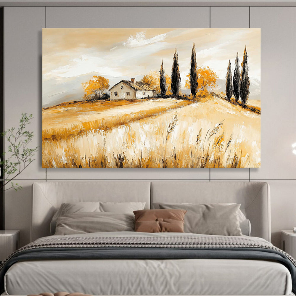 Yellow - Toned Rural Landscape Abstract Painting with a House DYP134