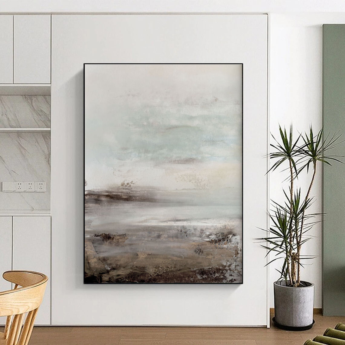 Misty Coastal Abstract with Soft Gray and Blue Tones Painting ADGE153